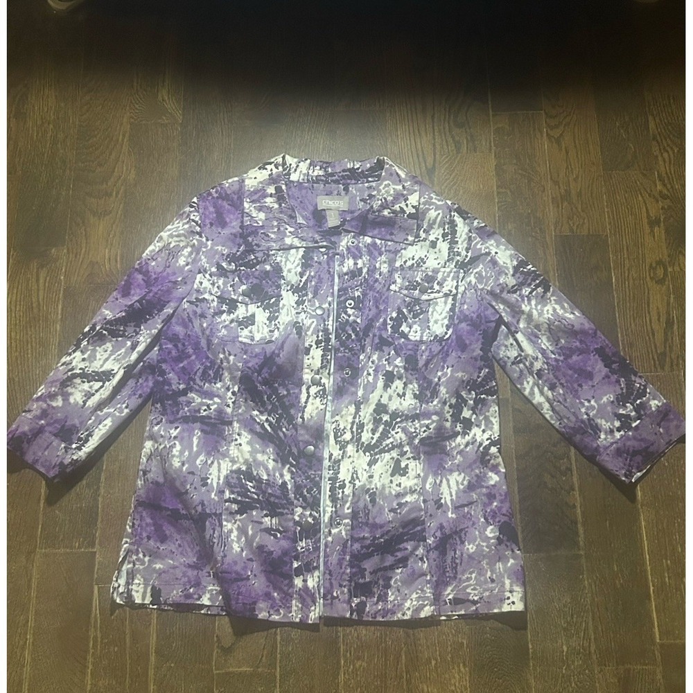 CHICO'S Shirt Jacket Womens 1 Med Purple Abstract Print Button Front 3/4 Sleeve